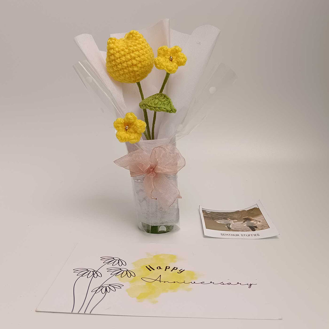 Handmade Crochet Yellow Tulip Mini Flower Bouquet | Includes Photo & Greeting Card