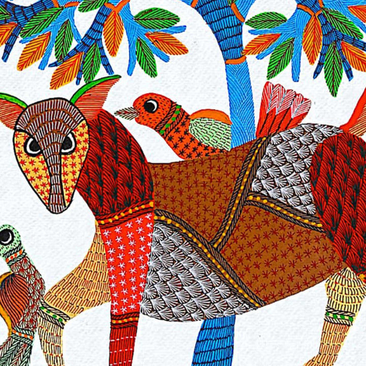11 x 15 Inch | Animal, Birds & Tree | Original Hand painted Tribal Gond Art Painting | Acrylic Paints On Paper