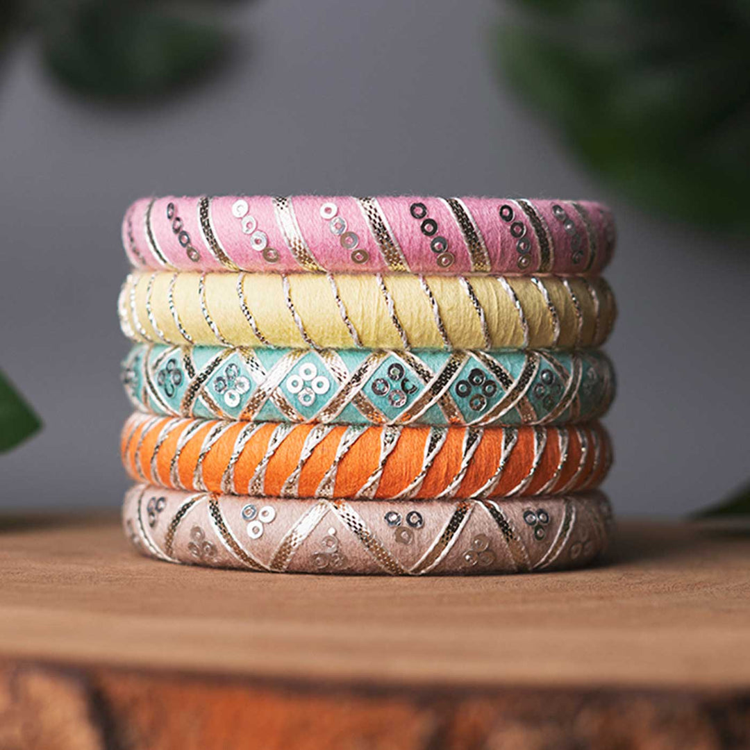 Pastel Handcrafted Silver Gotta Patti Bangles | Set of 5