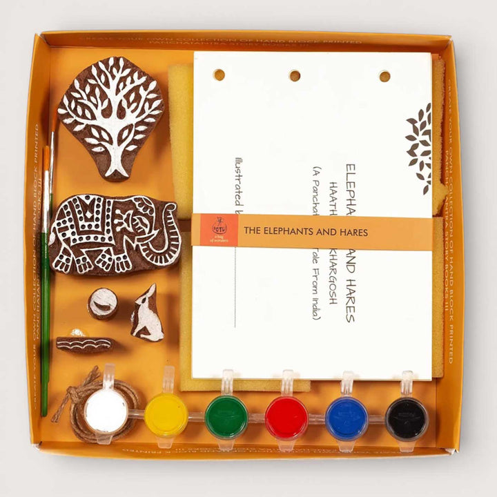 The Elephants and Hare Panchatantra Block Printing DIY Kit | 5 Stamps, Poster Colours, Painting Brush, Printing Pads, Story Cards  And Jute String