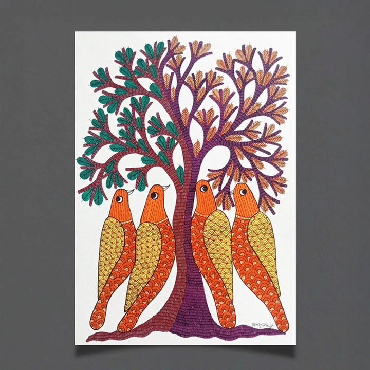 11 x 16 Inch | Birds & Tree | Original Hand Painted Tribal Gond Art Painting | Acrylic Paint On Paper