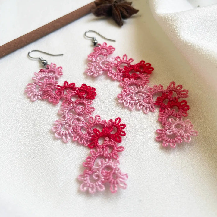 Handmade Tatting Zig - Zag Pattern Cotton Lace Earrings