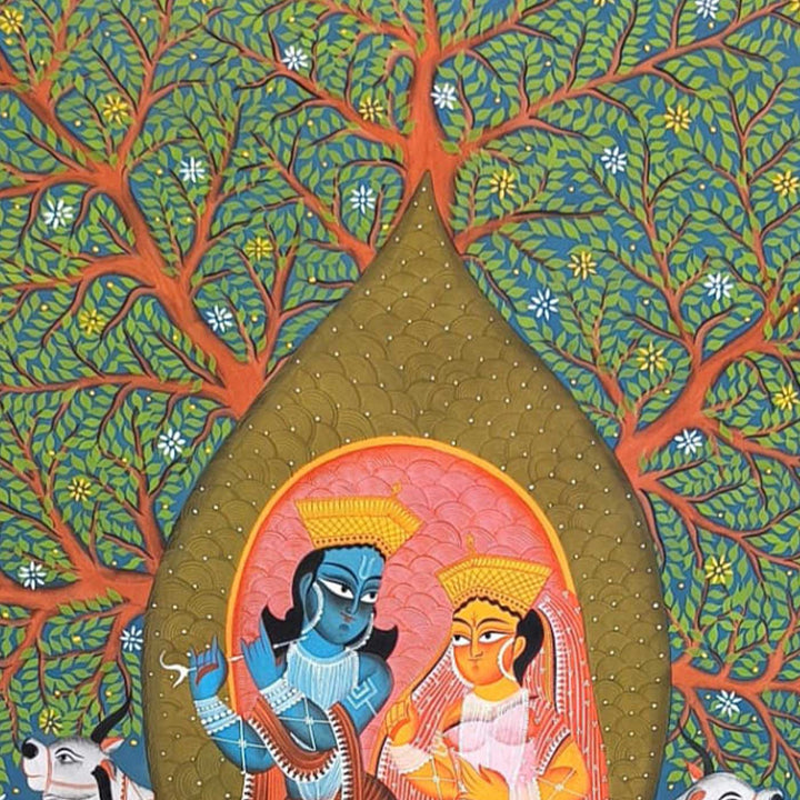 29 x 48 Inch | Radha Krishna On Boat | Original Hand Painted Kalighat Painting | Natural Pigment On Paper