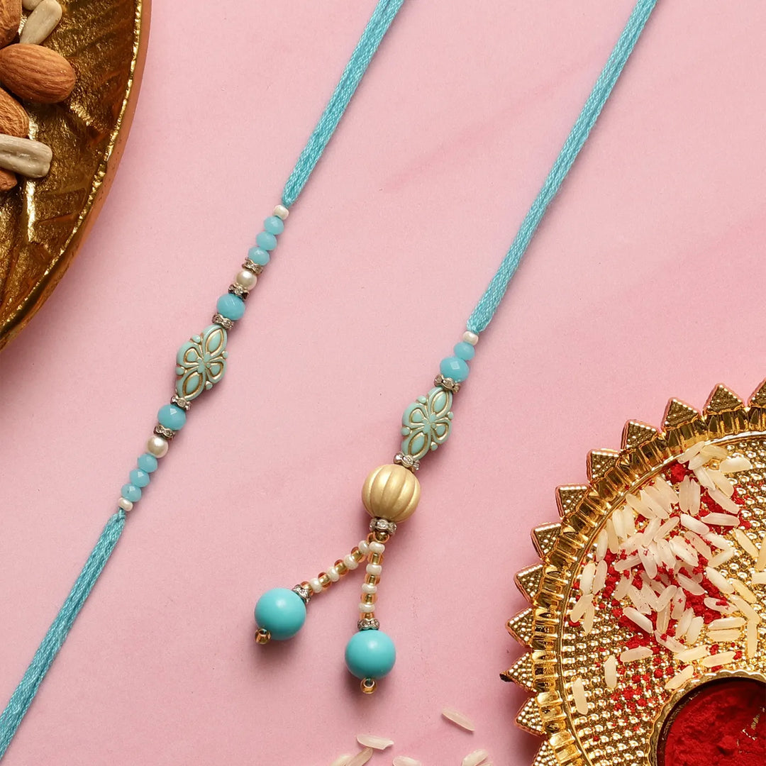 Handmade Beaded Blue Bhaiya Bhabhi Rakhi With Roli Chawal | Set Of 2