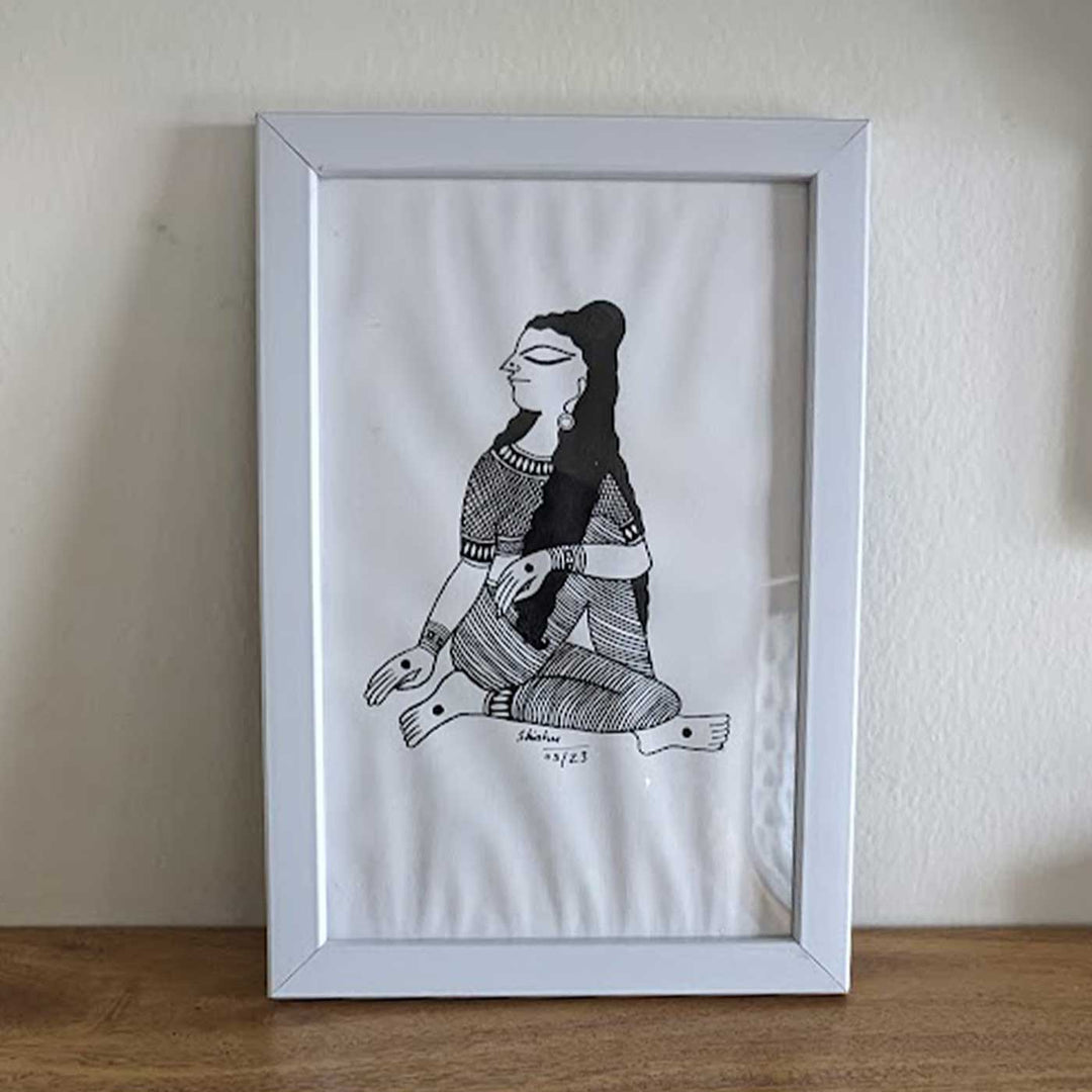 6 x 9 Inch | Ardha MatsyendrasanYoga Pose | Minimalist Black & White Mudhubani Style Line Drawing With Frame