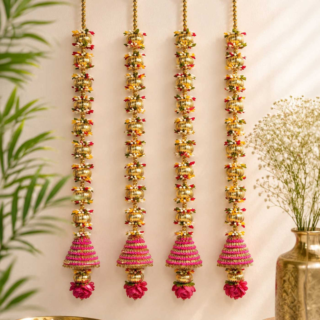 Handcrafted Pink Cone & Lotus Tassels With Gold Threadwork Door Hangings