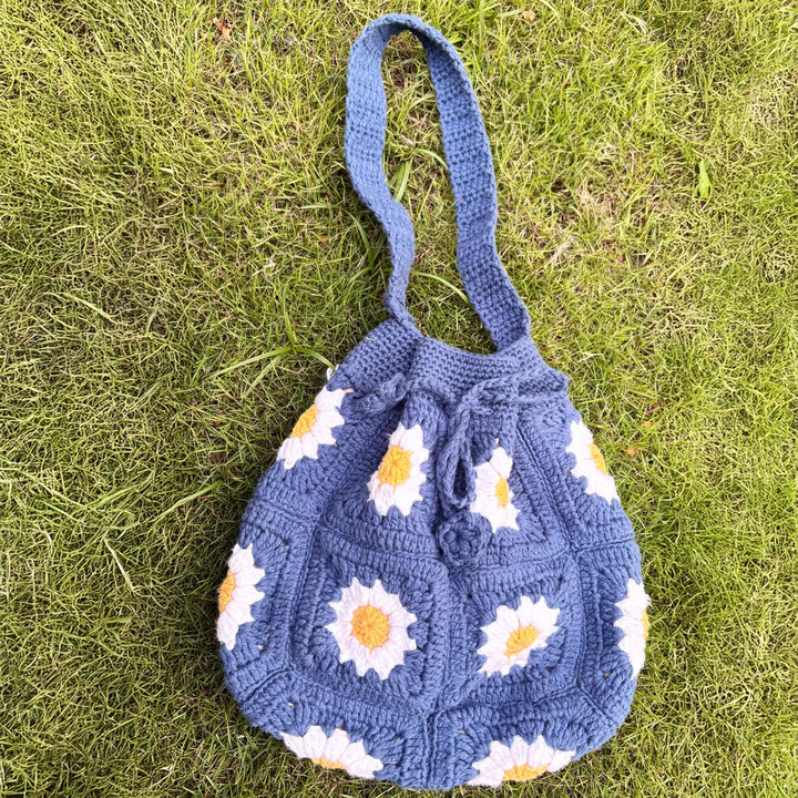 Handmade Crochet Blue Daisy Flower Design Cotton Tote Bag
