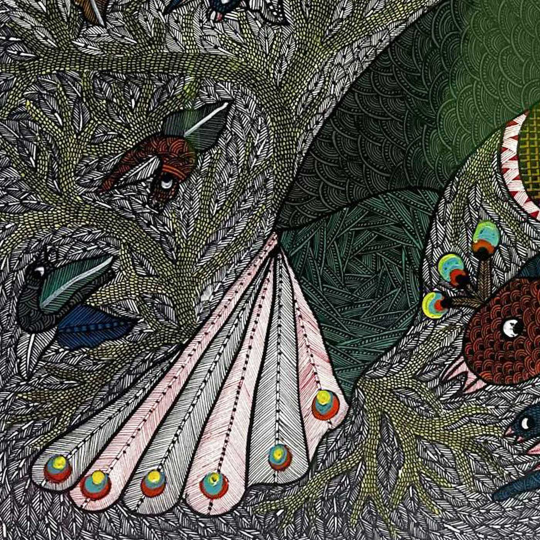 15 x 22 Inch | Life Beneath the Canopy | Original Hand Painted Tribal Gond Art Painting | Acrylic Paints On Paper