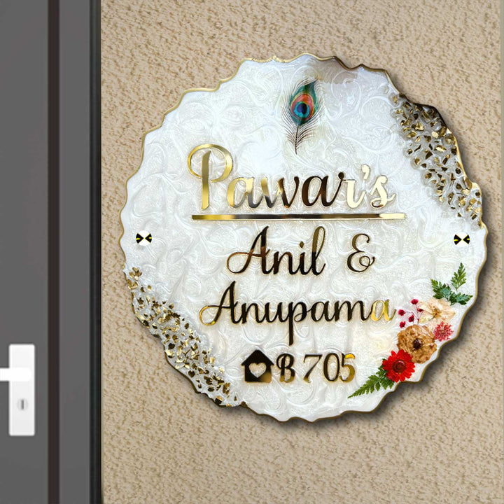 Personalized White Floral Theme Resin & Acrylic Waterproof Name Plate