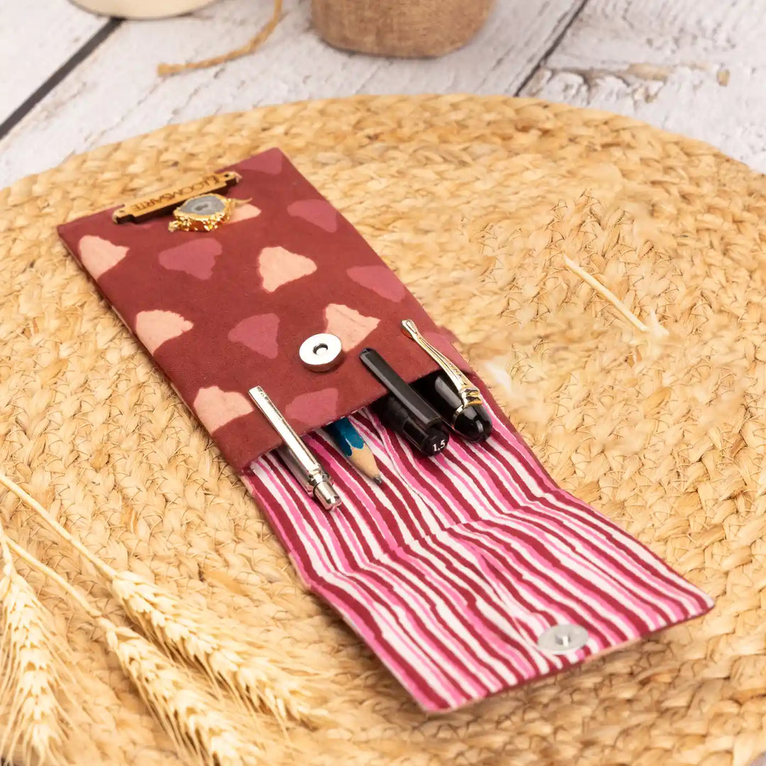 Red Bagru Multipurpose Cotton Ecofriendly Pen Holder With Agate Accent | 8 x 3.5 inch