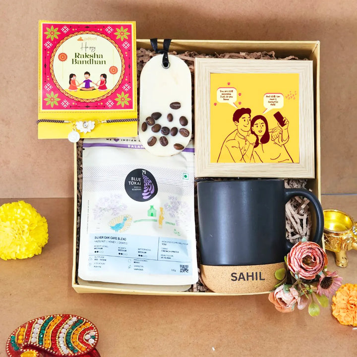 Personalized Coffee Lover Rakhi Hamper | Includes 1 Ceramic Mug, 1 Coffee Wax Tablet, 1 Premium Coffee, 1 Keepsake, 1 Rakhi & 1 Message Card