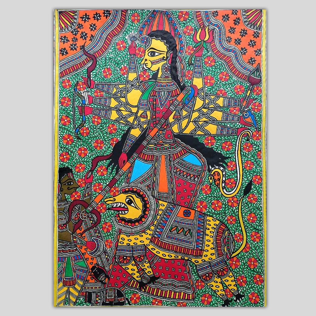 22 x 30 Inch | Durga Mahishasura Mardini | Original Hand Painted Madhubani Painting | Natural Pigments On Paper