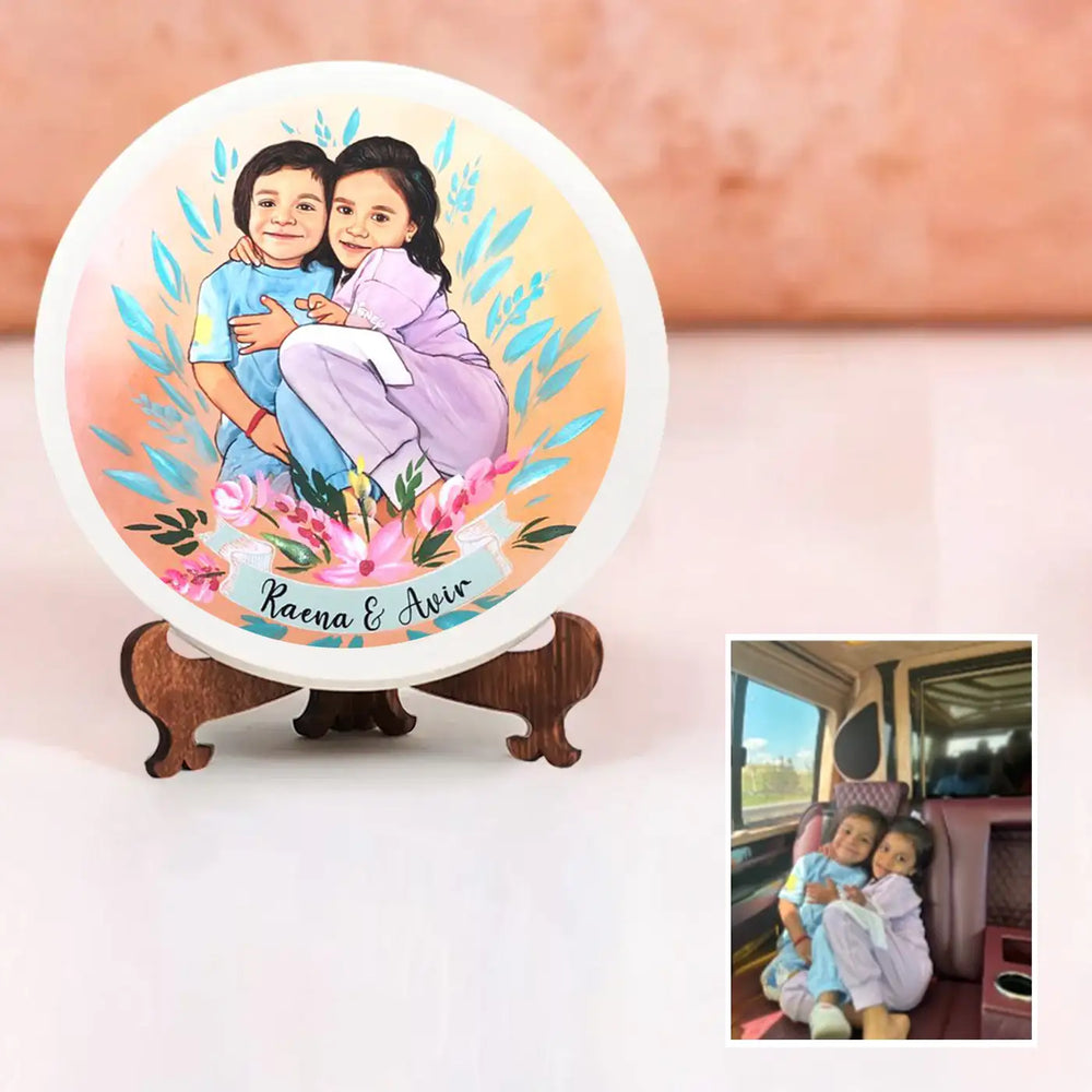 Photo Customized Rakhi Hamper With Caricature Nameplate Copy - Front View on Display Stand