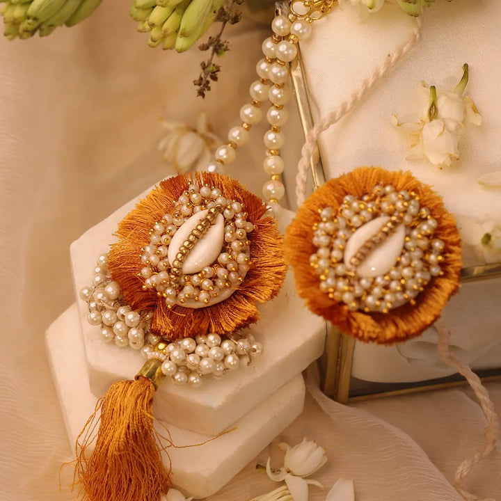Handmade Beaded Shell & Tassels Bhaiya Bhabhi Rakhi With Roli Chawal | Set Of 2