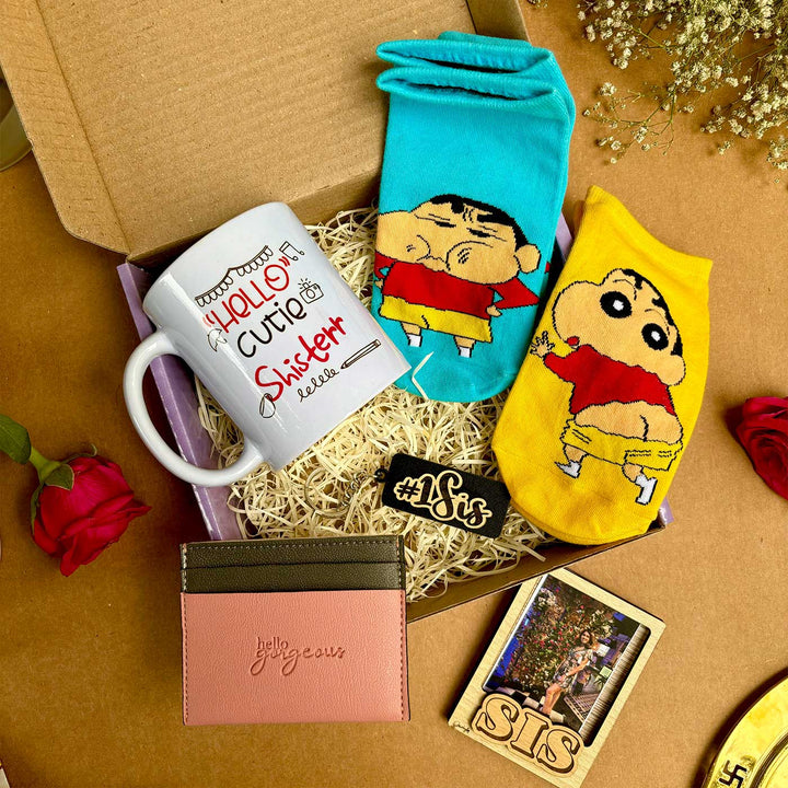 Photo Personalized Sinchan Theme Gift Hamper For Sisters | Includes 2 Pair Socks, 1 Keychain, 1 Mug, 1 Fridge Magnet & 1 Card Wallet