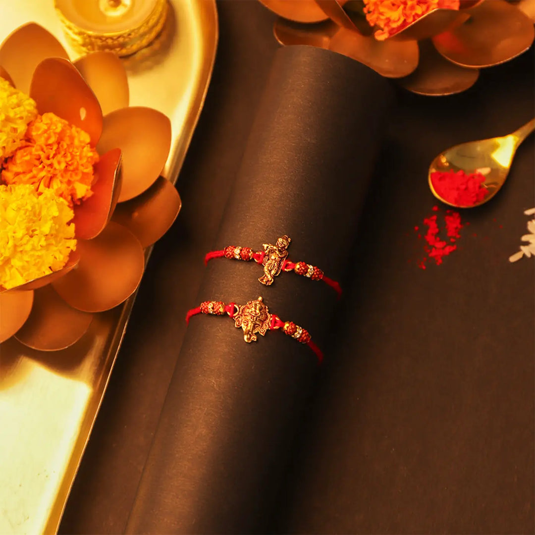 Handmade Golden Ganesh & Krishna Rakhi With Roli Chawal | Set Of 2