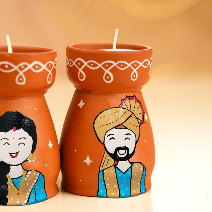 Hand-Painted Punjabi Couple Terracotta Tealight Holder | Set Of 2
