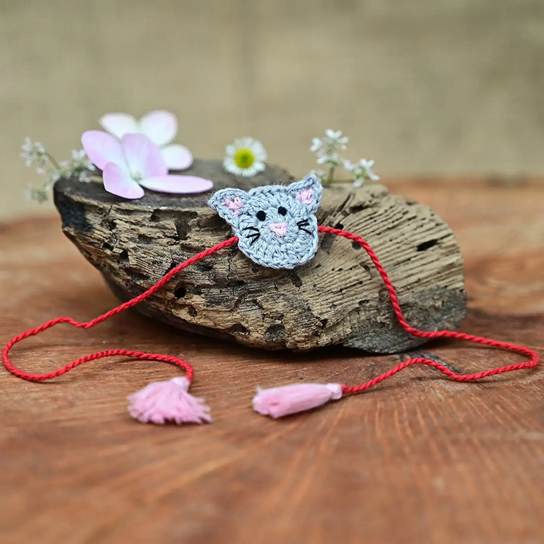 Handmade Crochet Cat Theme Kids Rakhi With Roli Chawal