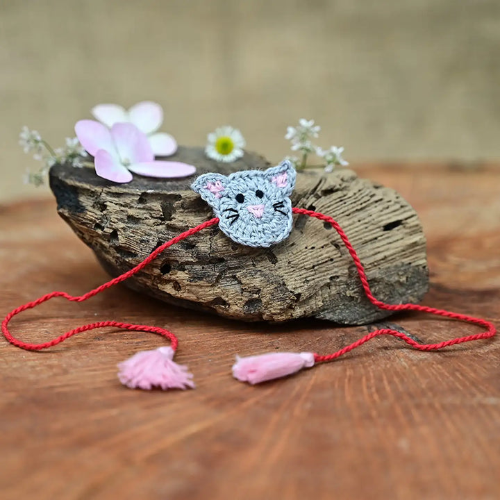 Handmade Crochet Cat Theme Kids Rakhi With Roli Chawal