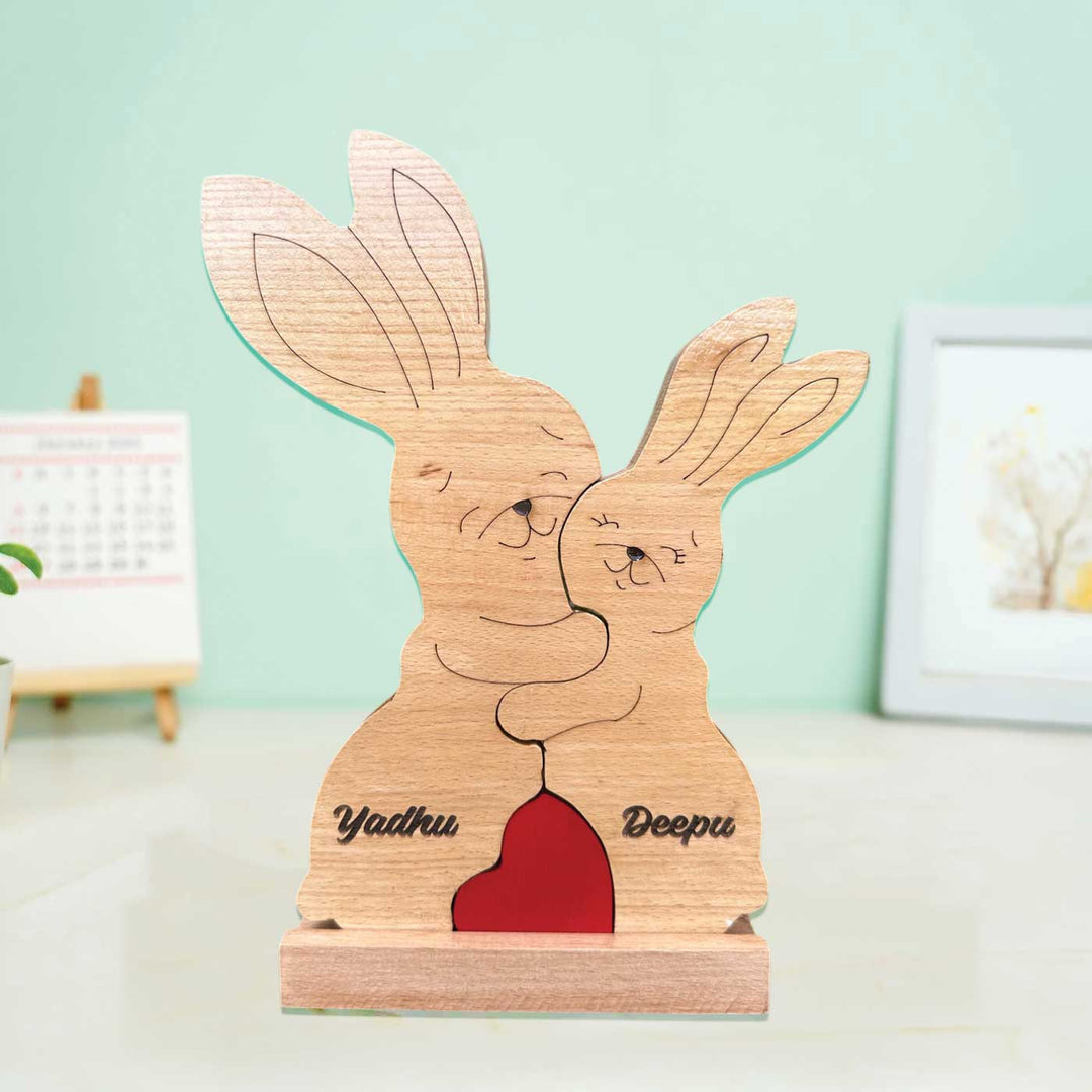 Personalized Rabbit Family Of 2 Wooden Figurine