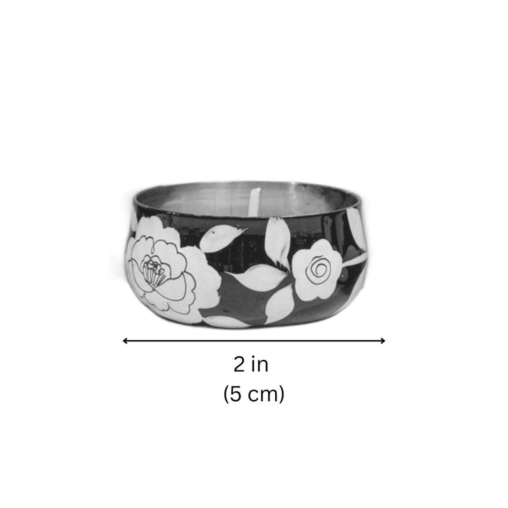 Hand-Painted Black Floral Stainless Steel Tealight Holders | Set Of 6