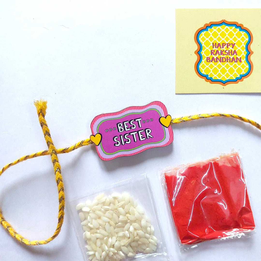Wood Slice & Rakhi Gift Box With Kumkum Rice For Sister