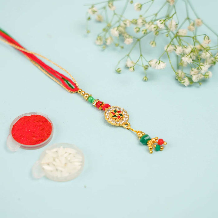 Handmade Red & Green Beaded Jadtar Lumba Rakhi for Bhabhi With Roli Chawal