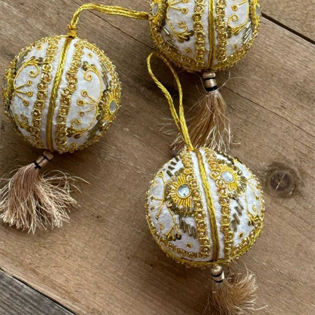 White And Gold Balls Premium Cotton Zardozi Ornament