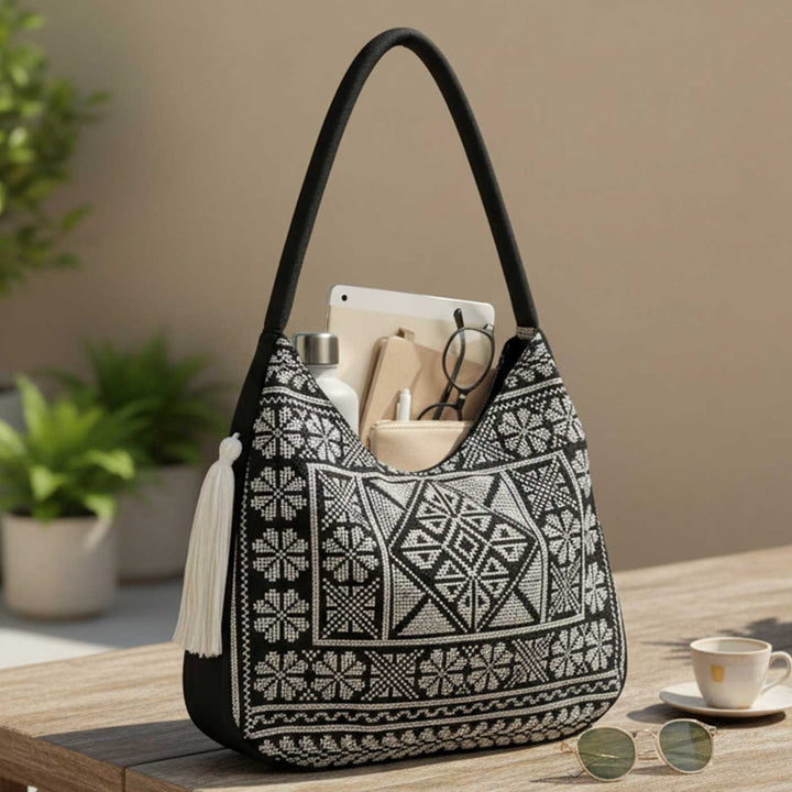 Ivory Cross-Stitch Embroidered Hobo Shoulder Bag