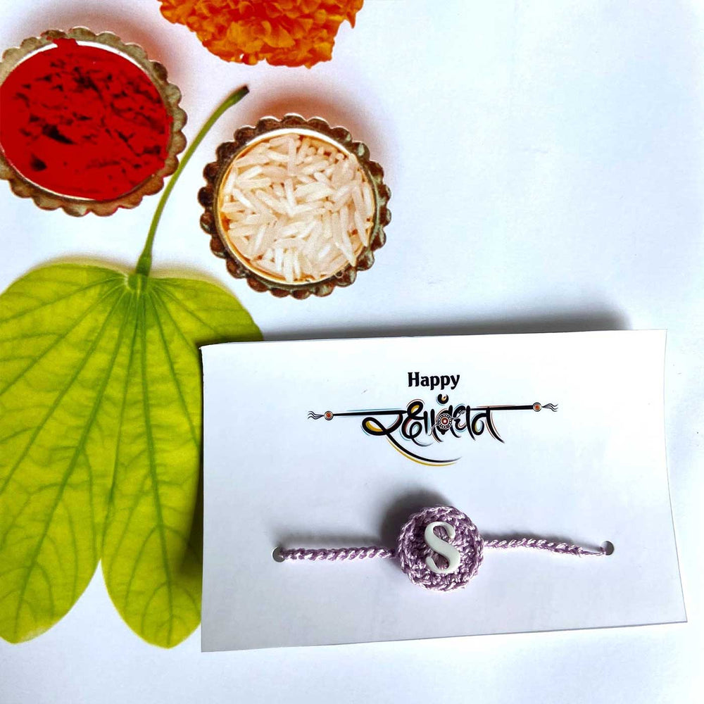 Personalized Handmade Crochet Round Shape Cotton Rakhi With Roli Chawal - Packaged Example with Card and Decor