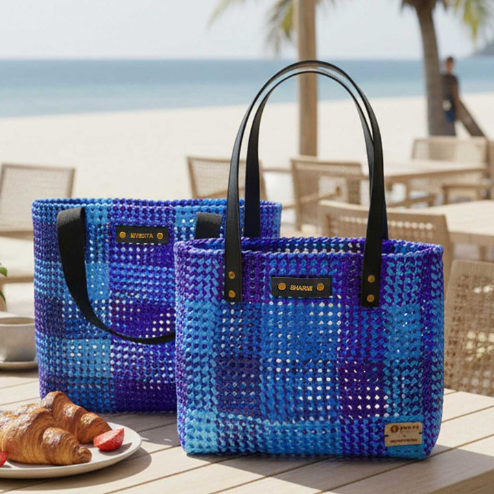 Blue Shades Checkered Handmade Wire Koodai Tote Bag
