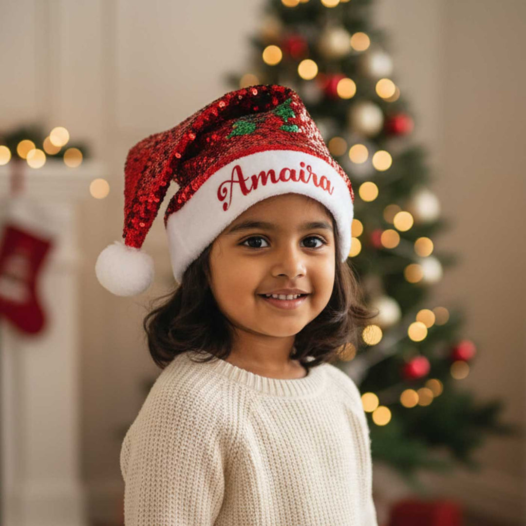 Personalized Sequined Red & Green Christmas Santa Hat | Xmas Gifting Ideas