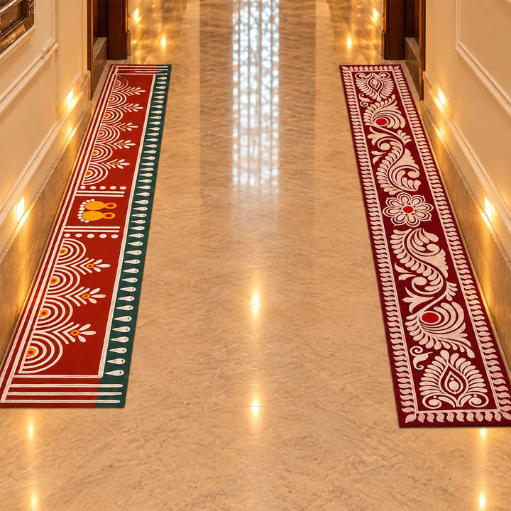 2 Pc | Madhobi Strip & Radhachura Strip Reusable Handmade Fabric Rangoli Mat for Festive Entrance Decor