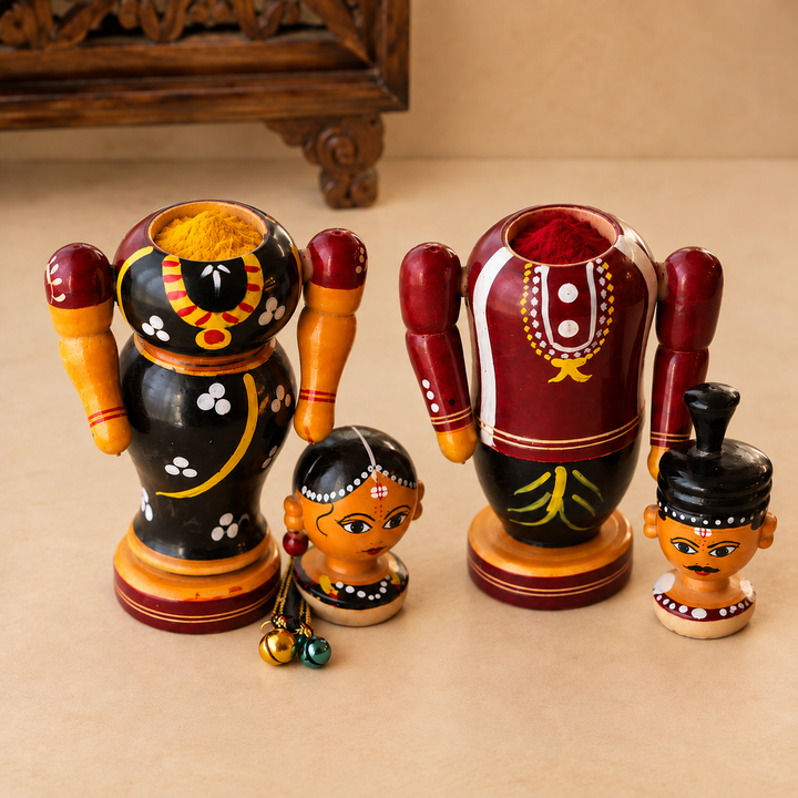 Set of 2 | Handmade Couple Medium Wooden Golu Doll Kumkum Holders For Festive Decor