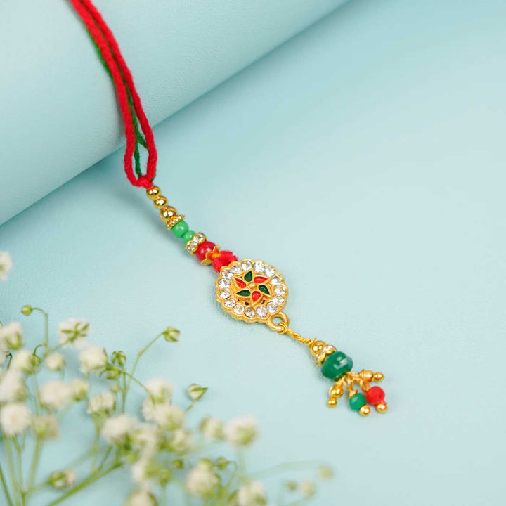 Handmade Red & Green Beaded Jadtar Lumba Rakhi for Bhabhi With Roli Chawal