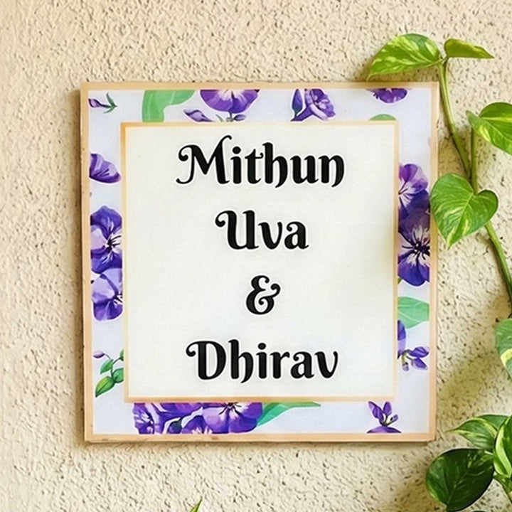 Blue Botanical Personalized Printed Square Resin Name Plate