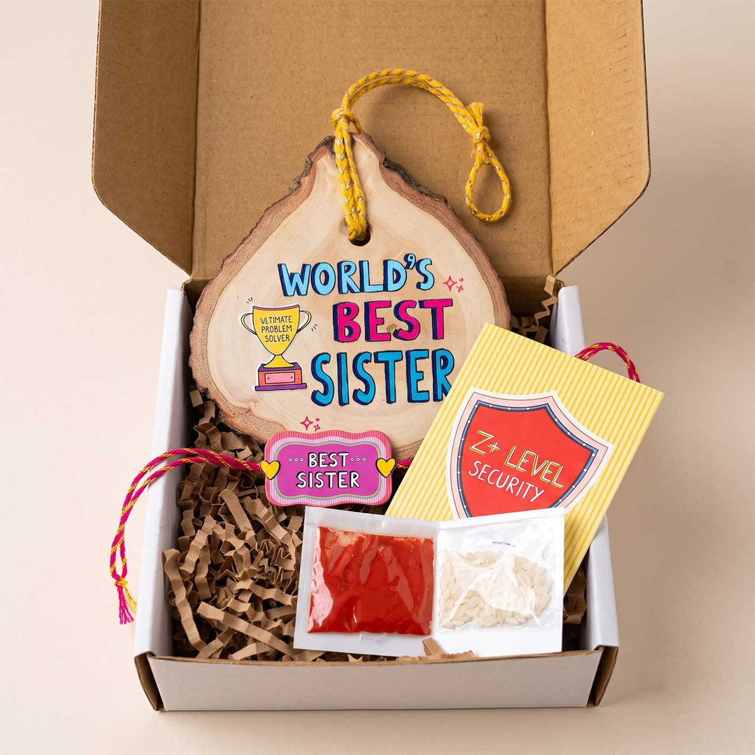 Wood Slice & Rakhi Gift Box With Kumkum Rice For Sister