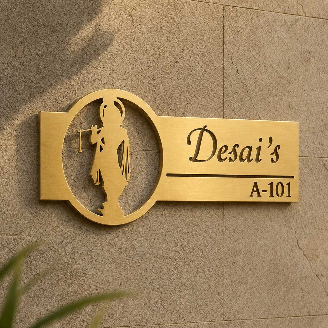 "Divine Krishna" Personalized Weatherproof Stainless Steel Name Plate With House Number For Home