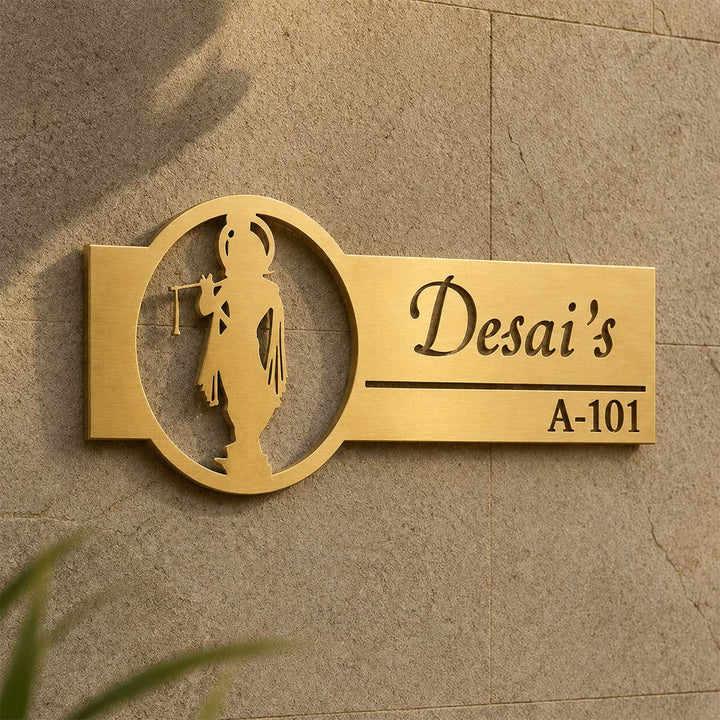 "Divine Krishna" Personalized Weatherproof Stainless Steel Name Plate With House Number For Home