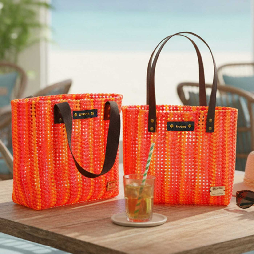 Red And Orange Stripes Handmade Wire Koodai Tote Bag