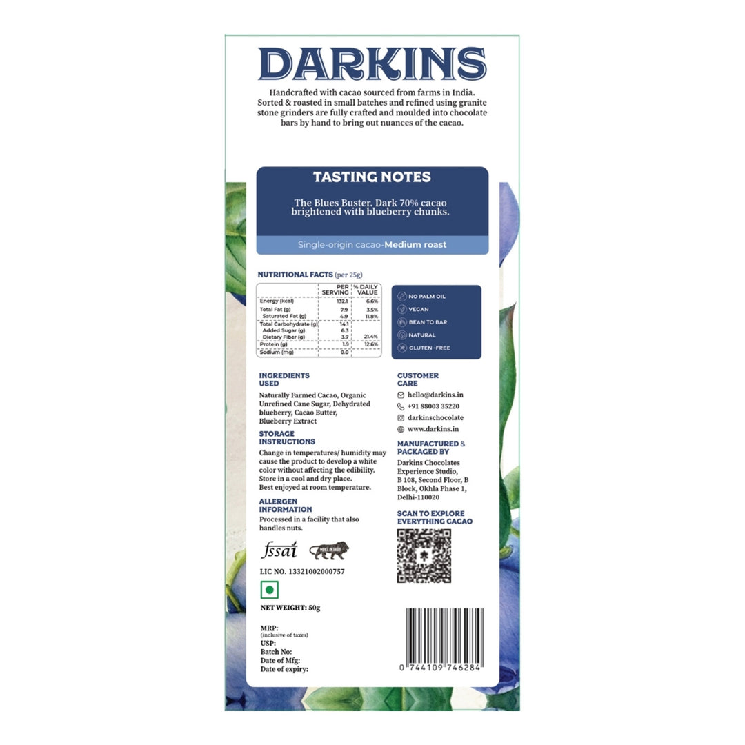 70% Dark | Vegan & Gluten Free Chocolate with Blueberries