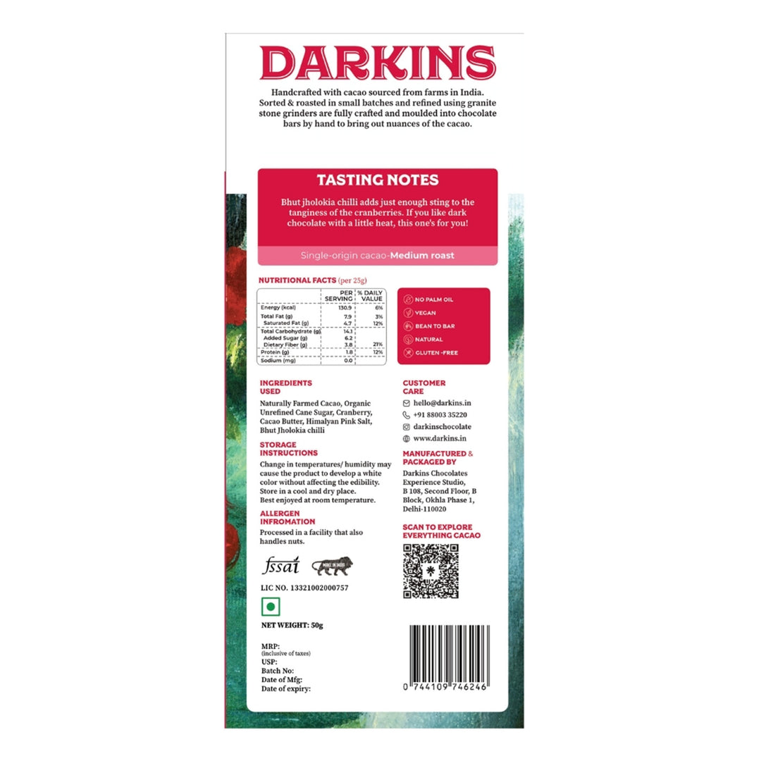 Vegan & Gluten Free | 70% Dark Chocolate with Cranberry & Bhut Jholokia Chilli