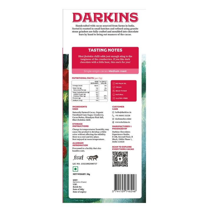 Vegan & Gluten Free | 70% Dark Chocolate with Cranberry & Bhut Jholokia Chilli