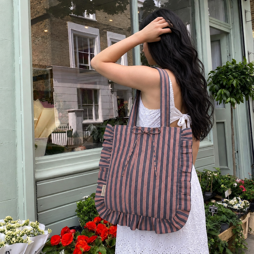 "Belle" Flat Tote Bag With Bow Detail & Magnetic Closure For Women | Thin Stripes