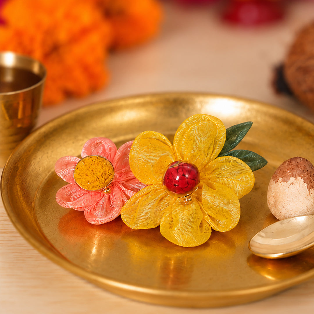 Flower Clip Assorted Fabric Roli Chawal Haldi Kumkum Holder For Puja And Festive Gifting