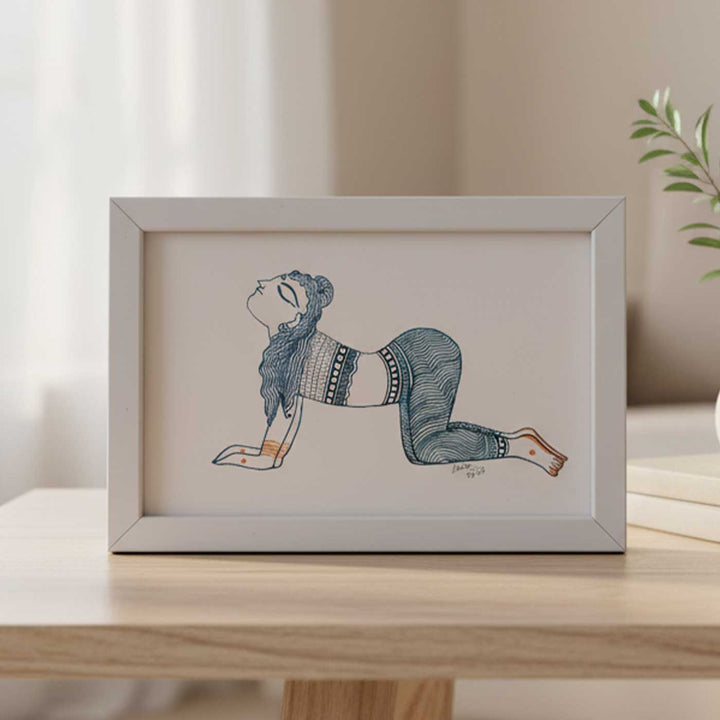 6 x 9 Inch | Marjaryasan Yoga Pose | Minimalist Black & White Mudhubani Style Line Drawing With Frame