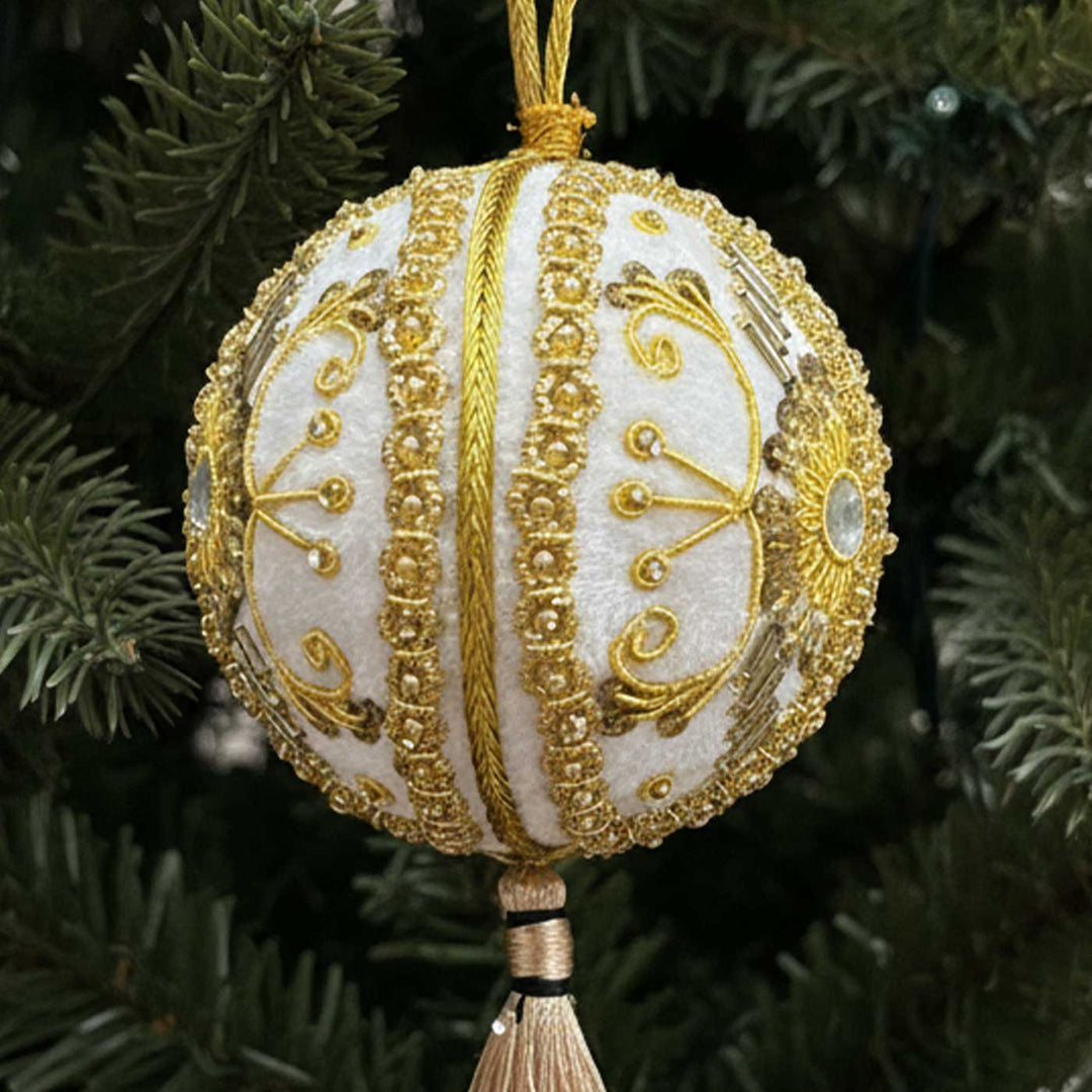 White And Gold Balls Premium Cotton Zardozi Ornament