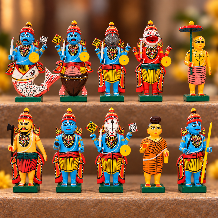 Set of 10 | Handmade Wooden Vishnu Dashavataar Golu Doll Toys For Festive Decor