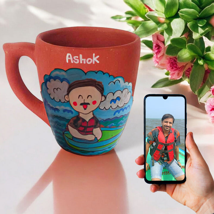 Handpainted Personalised 3D Terracotta Mug With Caricatures And Background