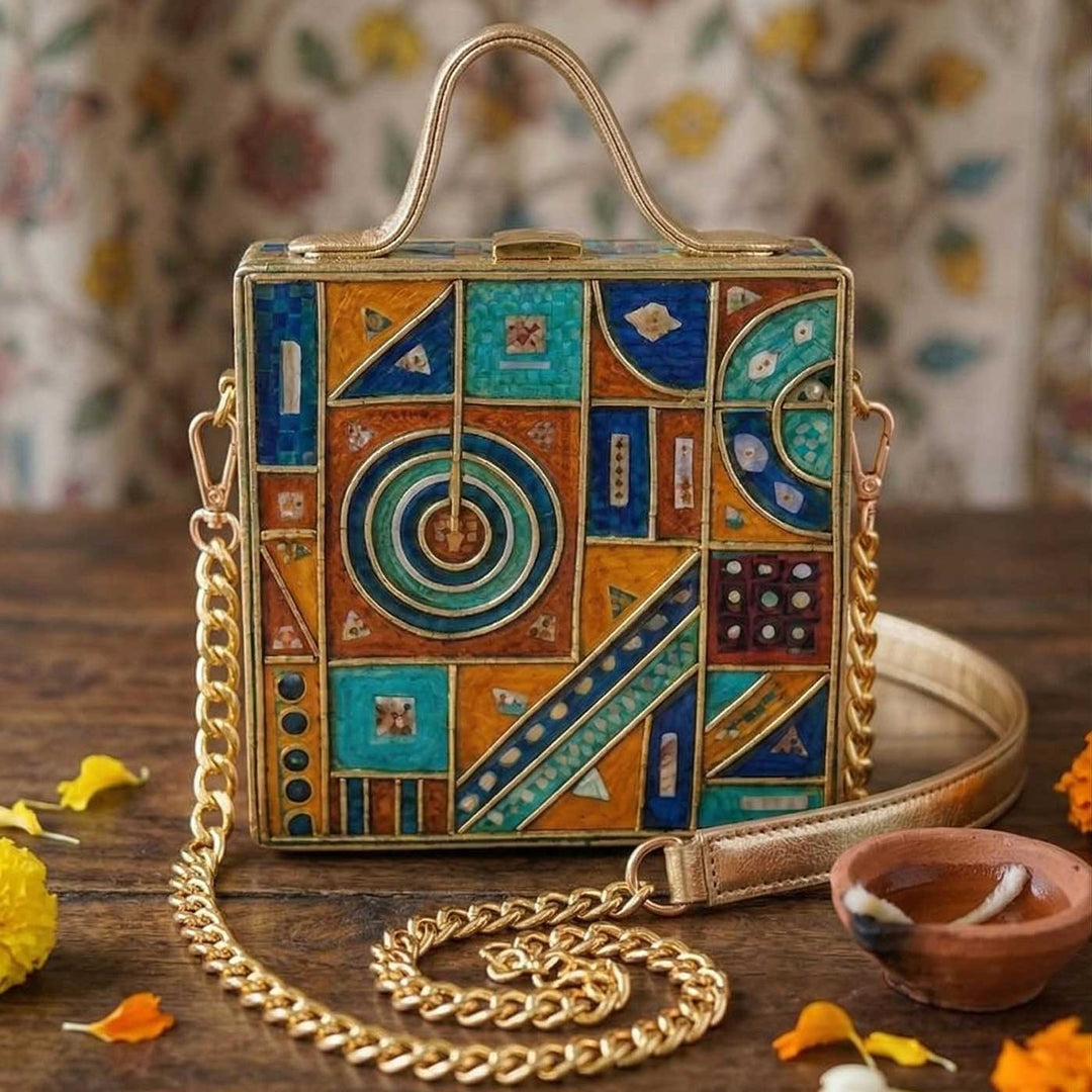 Handcrafted Mini Geometric Lippan Art Box Bag